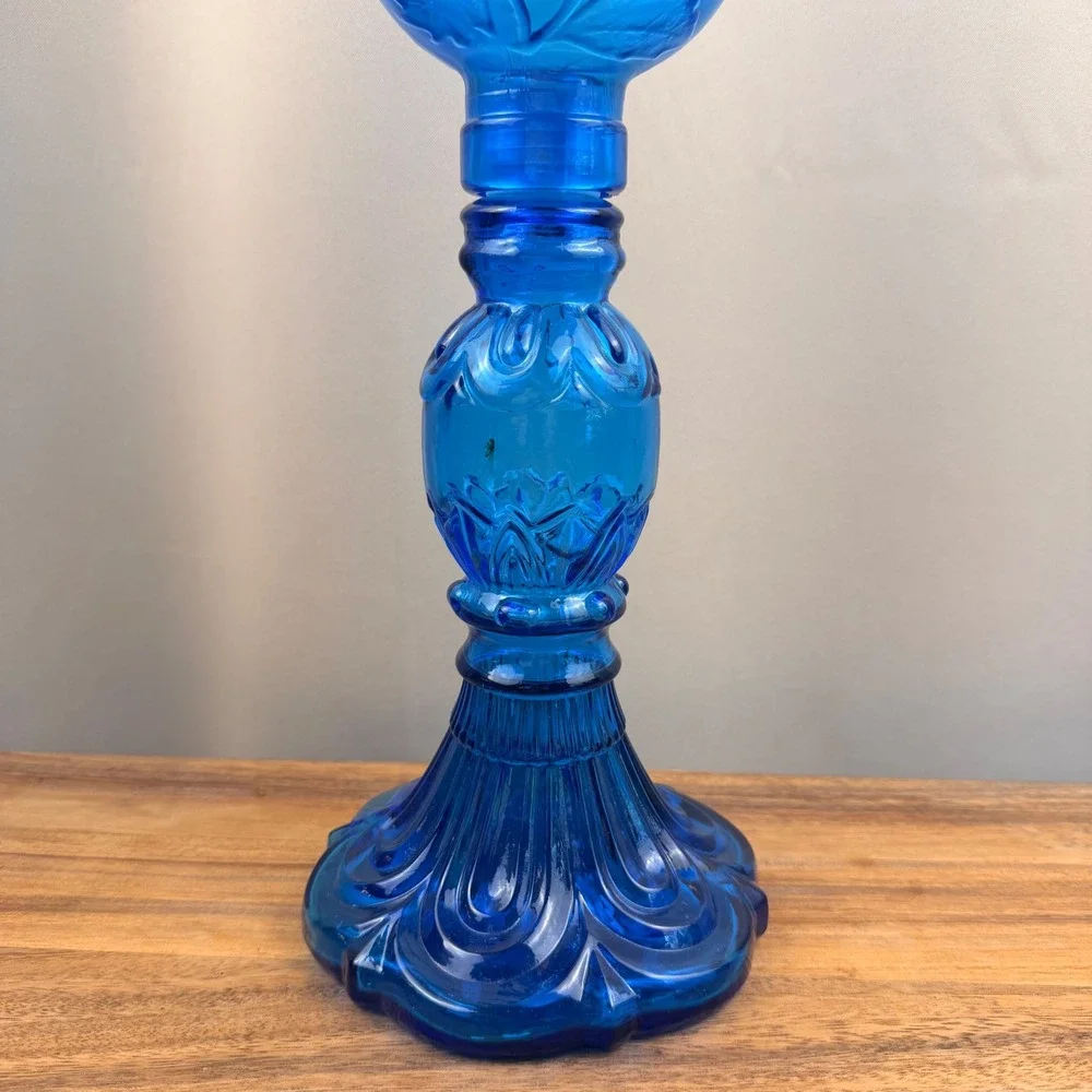 Vintage Blue Glass Hurricane Candle Holder Floral Embossed 2 Piece 18.5 Inch